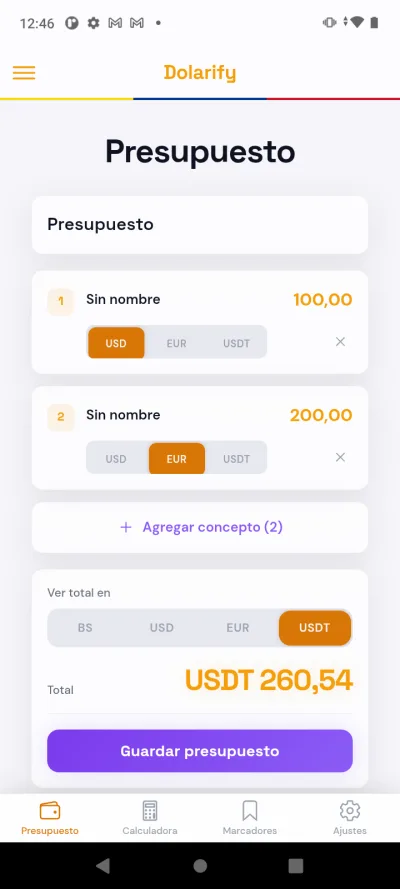 Saca presupuestos — vista en Android