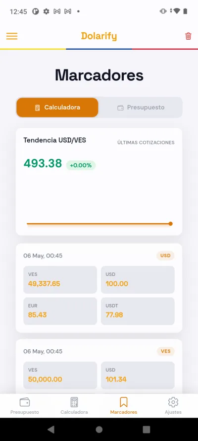 Tasas en vivo — vista en Android