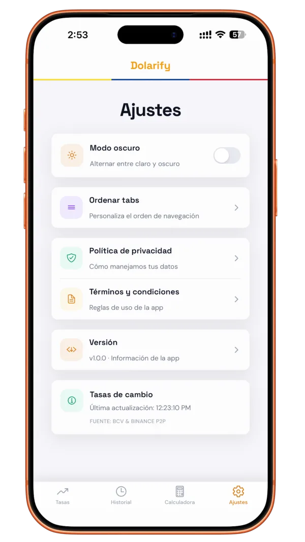 Tasas siempre actualizadas — captura de pantalla